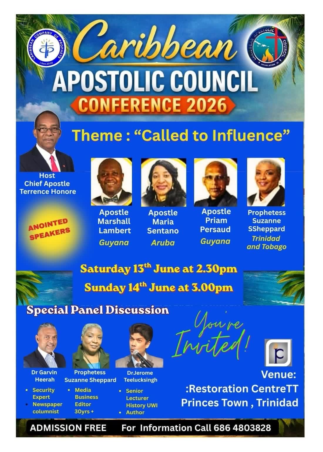 Flyer: Caribbean Apostolic Council Conference 2026, Called to Influence, Princes Town, Trinidad, June 13 and 14